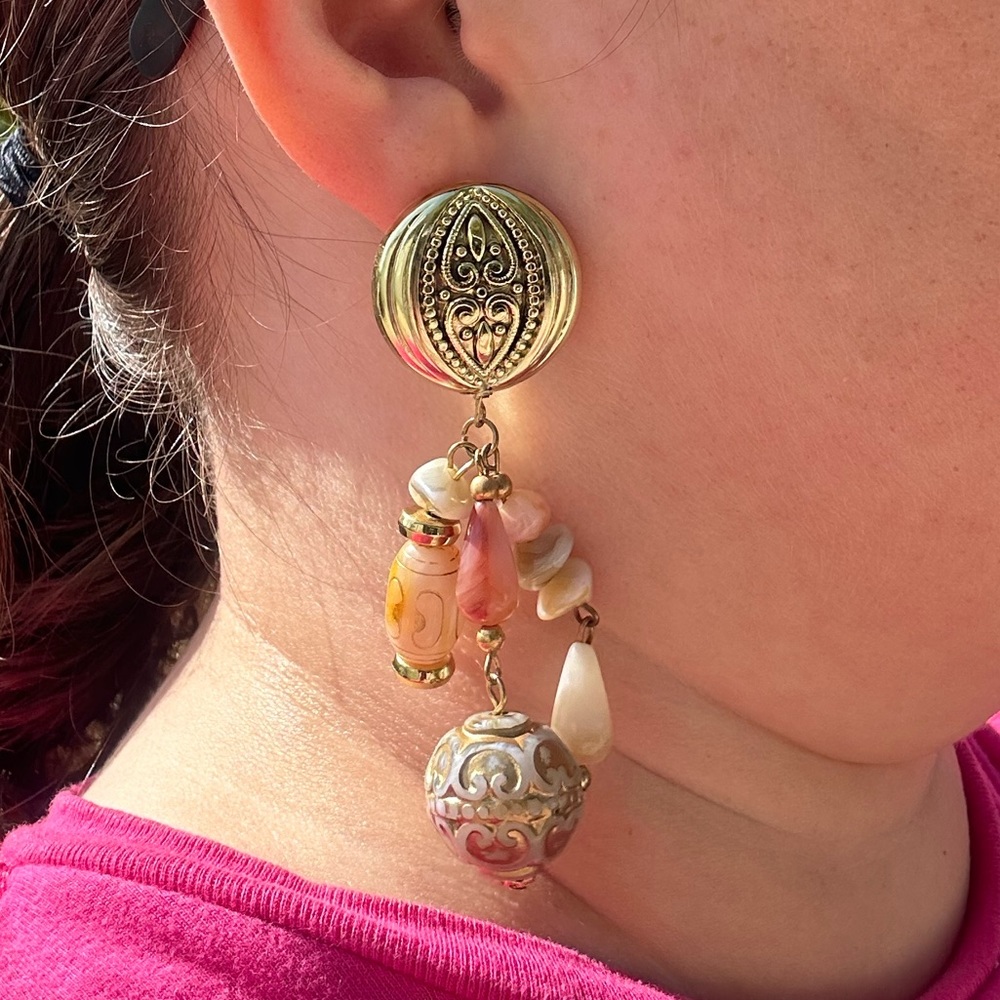 90s Huge Boho Gold-tone Pierced Post Dangle Earrings with Pink and Neutral Beads